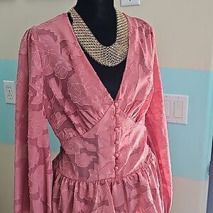 Dusty rose sheer long sleeve v neck blouse features full sleeves size XL